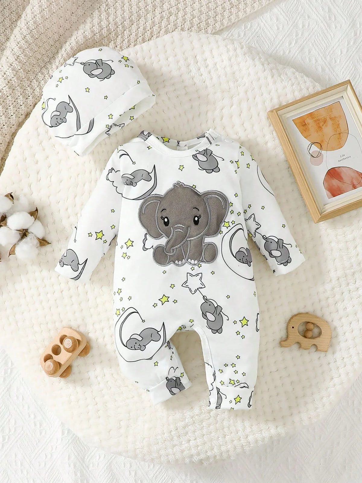 Manga comprida do bebê macacão com chapéu, elefante padrão, bordado, desenhos animados, bonito, 2pcs