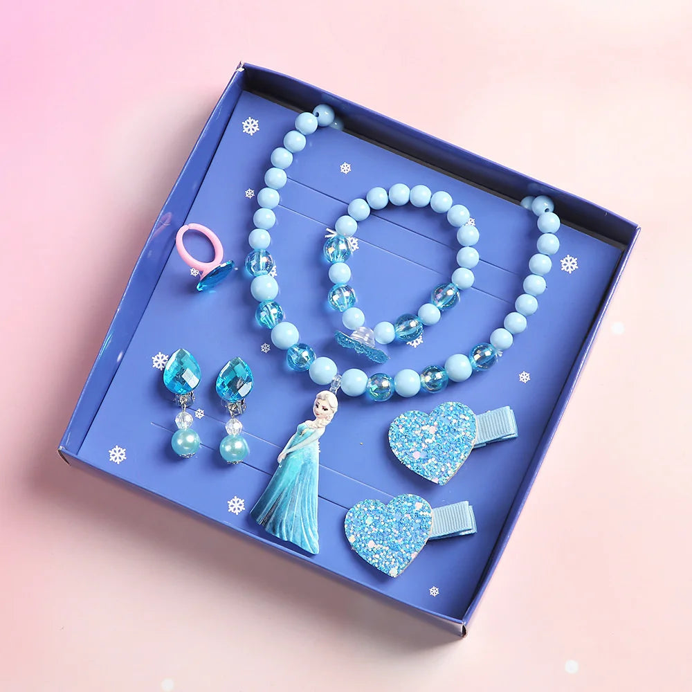 Disney-Congelado Conjunto de Jóias Elsa para Meninas, Clipes de Ouvido Bonitos, Anel Bebê, Elsa, Branca de Neve, Colar Infantil, Brinquedos Presente, 7 peças