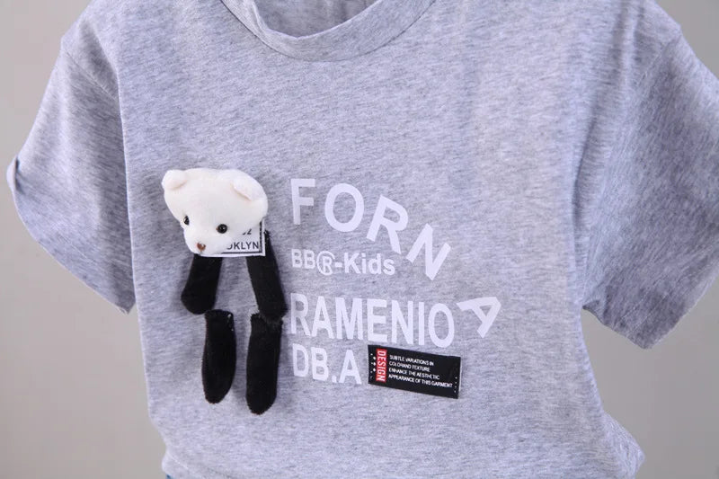 2023 bebê menino roupas de verão para crianças dos desenhos animados o-pescoço pulôver manga curta camisetas topos e shorts jeans estilo coreano conjunto