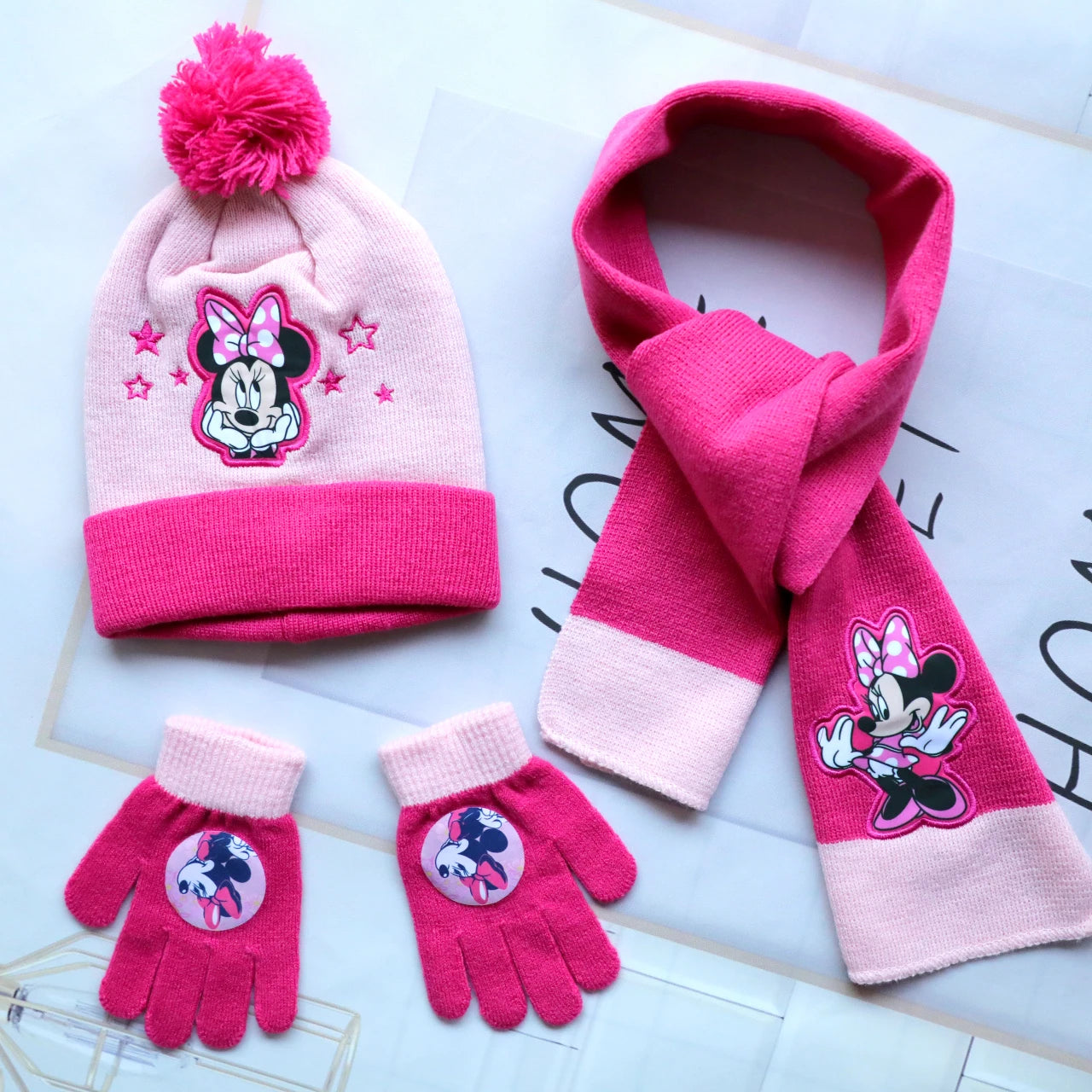 Disney-Children's Minnie Cartoon Scarf Hat and Glove, Quente, Bonito, Menino, Menina, Criança, Presente de Natal, Novo, Outono e Inverno, 3 pcs