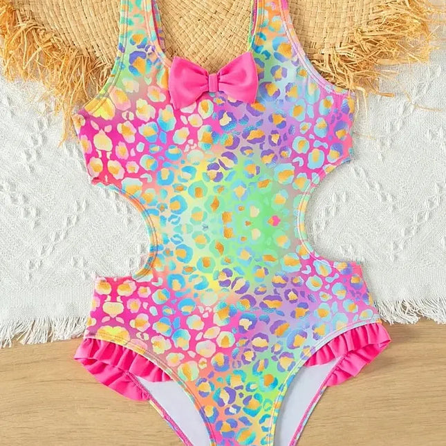 Maiô colorido e brilhante para meninas, maiô de peça única para meninas adolescentes, banho plissado com arco, roupa de praia verão, roupa de banho