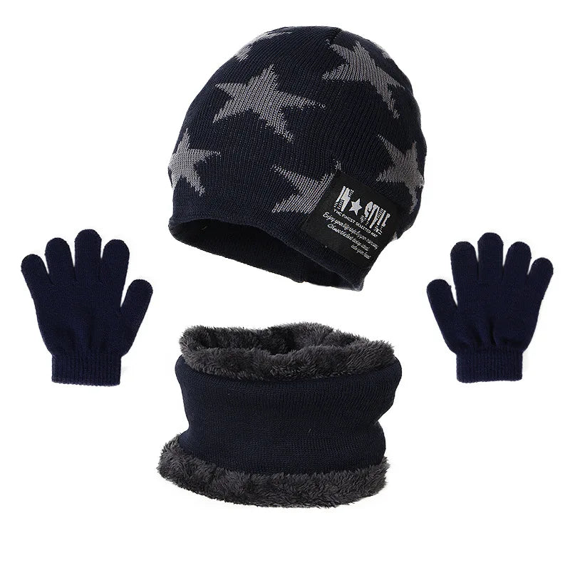 Inverno Chapéu Cachecol e Luvas Set Plush Warmer Crianças Chapéu De Malha Bebê Meninos Gorros Cap Neck Scarf Glove Suit Para Crianças Accessori