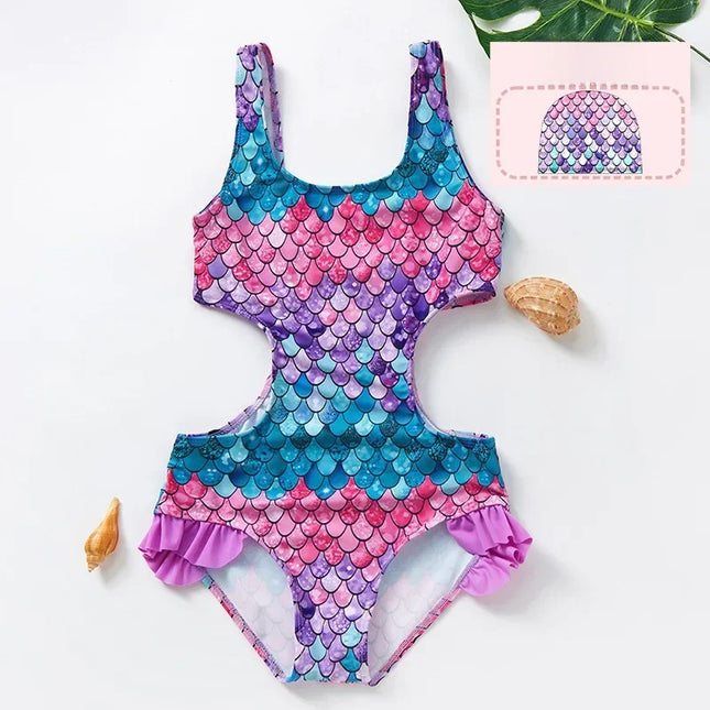 Novo maiô infantil integrado, design de escala de peixe gradiente para meninas de 3 a 12 anos, maiô de uma peça, roupa de banho infantil