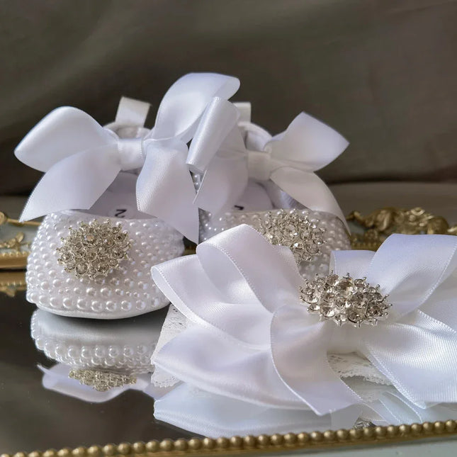Dollbling Handmade Pérolas Brancas Berço Sapatos, Bling Rhinestone, Roupa de batismo, Wedding Sparkle, Organza, Batismo, 0-3m