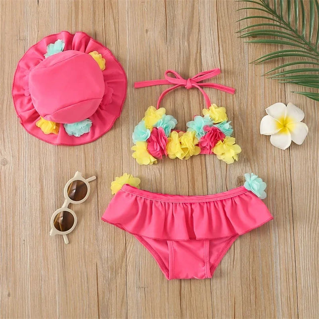 Maiô de 3 partes para a menina, projeto da flor, halter pescoço top + plissado shorts + swim caps, roupas de praia, verão
