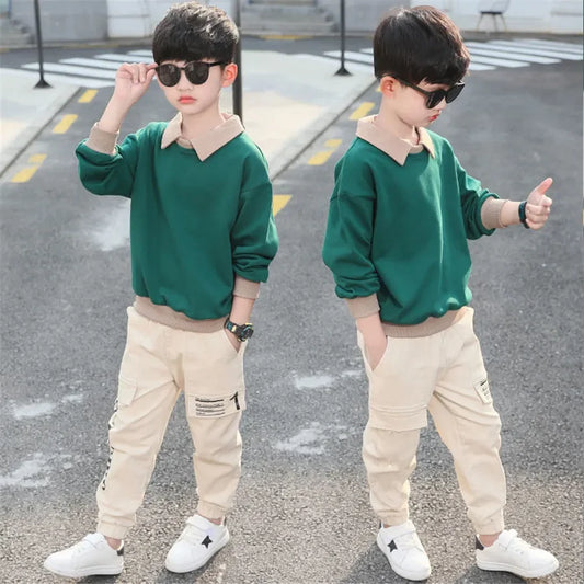 Conjunto de suéter e calças de manga comprida infantil, roupa de treino infantil, roupa estampada em letras, casual, primavera, outono, 3 a 14 anos, 2 peças, 2023