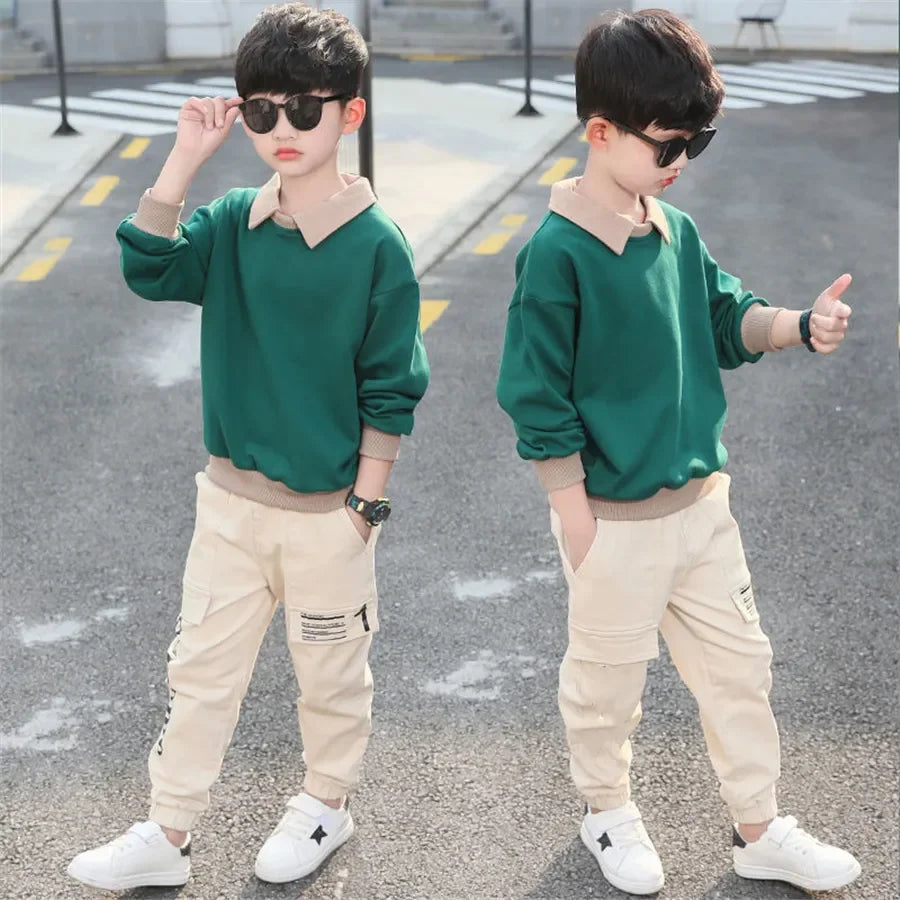 Conjunto de suéter e calças de manga comprida infantil, roupa de treino infantil, roupa estampada em letras, casual, primavera, outono, 3 a 14 anos, 2 peças, 2023