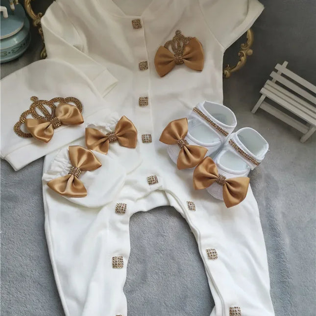Nome personalizado bebê macacão menino algodão roupas de bebê recém-nascido 0-3 mês strass coroa jurken branco pijamas do bebê conjunto para meninos