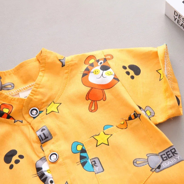 Cartoon Tiger Animal Random Print Shirt e Shorts Set, Infantil Criança Moda Verão, 2pcs