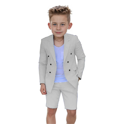 Smoking trespassado para menino, jaqueta blazer, calças curtas, slim fit, terno de casamento casual, festa na praia, 2 peças, verão