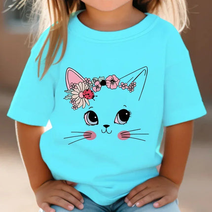 T-shirt de manga curta para meninas, flor, gato, floral, gatinho, branco, manga curta, selvagem, bonito, animal, desenhos animados, verão