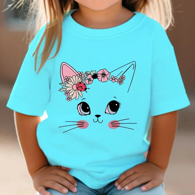 T-shirt de manga curta para meninas, flor, gato, floral, gatinho, branco, manga curta, selvagem, bonito, animal, desenhos animados, verão