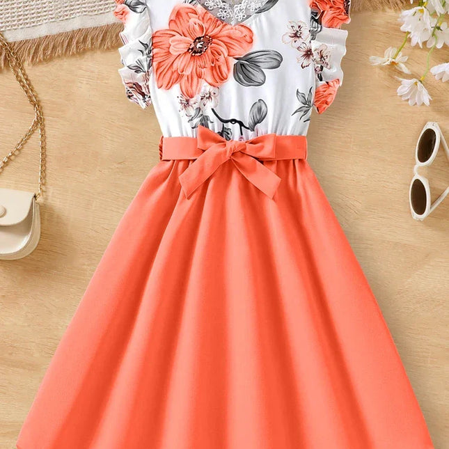 Vestido feminino charmoso com babados florais – decote delicado, mangas esvoaçantes, roupa elegante de verão para aventuras elegantes