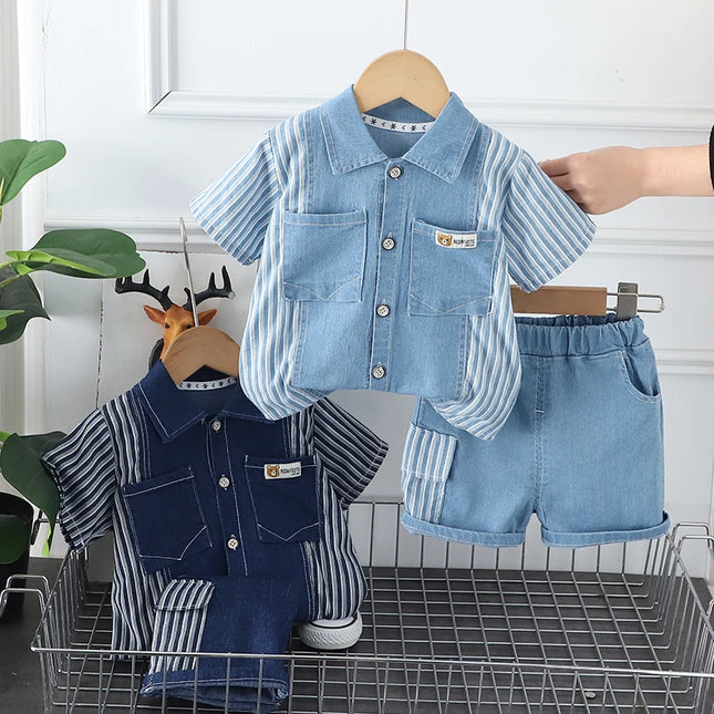 Conjunto de Camisa Listrada e Shorts Jeans para Menino