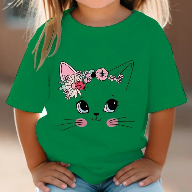 T-shirt de manga curta para meninas, flor, gato, floral, gatinho, branco, manga curta, selvagem, bonito, animal, desenhos animados, verão
