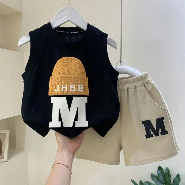 Conjunto de t-shirt e shorts infantis sem mangas, roupas infantis, roupas de moda, meninos, verão, novo, 2 peças, 2024