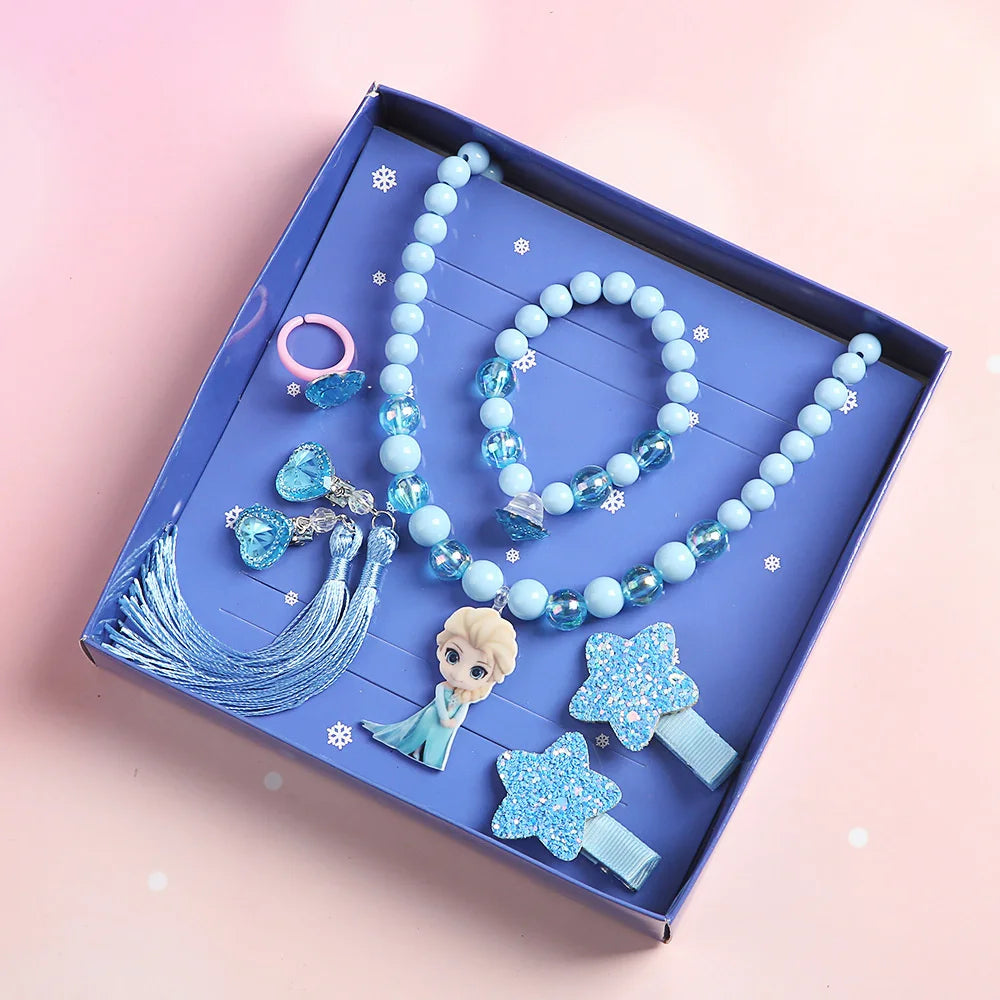 Disney-Congelado Conjunto de Jóias Elsa para Meninas, Clipes de Ouvido Bonitos, Anel Bebê, Elsa, Branca de Neve, Colar Infantil, Brinquedos Presente, 7 peças