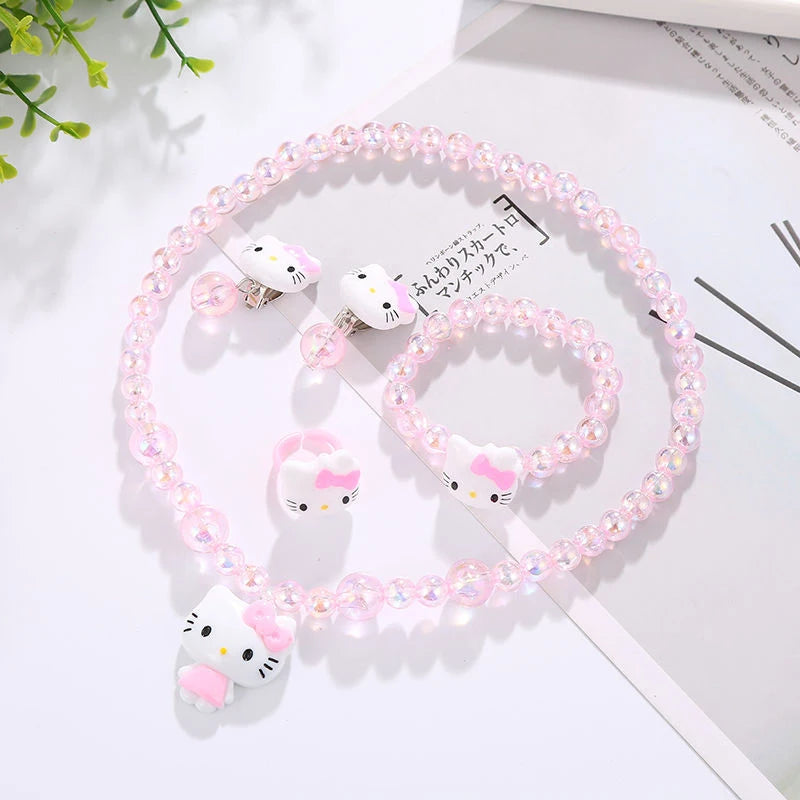 Sanrio Cartoon Hello Kitty Colar e Pulseira Set para Meninas, Kawaii Jóias Acessórios, Presentes de Aniversário, 4Pc Set