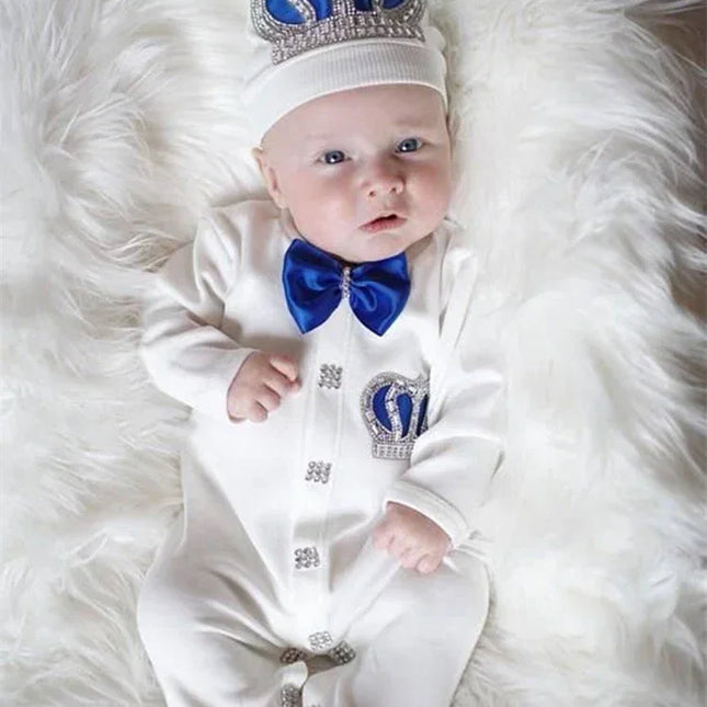 Nome personalizado bebê macacão menino algodão roupas de bebê recém-nascido 0-3 mês strass coroa jurken branco pijamas do bebê conjunto para meninos