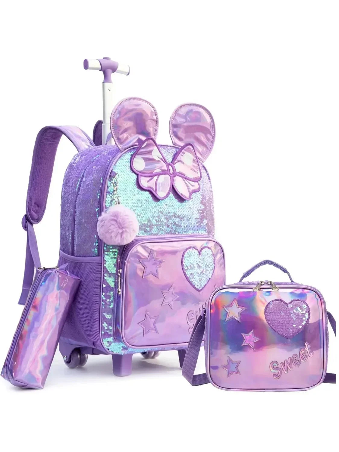 Mochila com lantejoulas com rodas, Mochila escolar de volta para crianças, Bagagem para meninas, criança primária, fofa, 3 peças