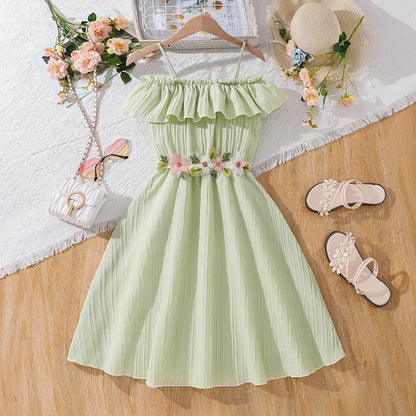 Vestido halter verde infantil, cinto amovível, estilo adorável, festa de aniversário, roupa diária para meninas de verão, 8 a 12 anos