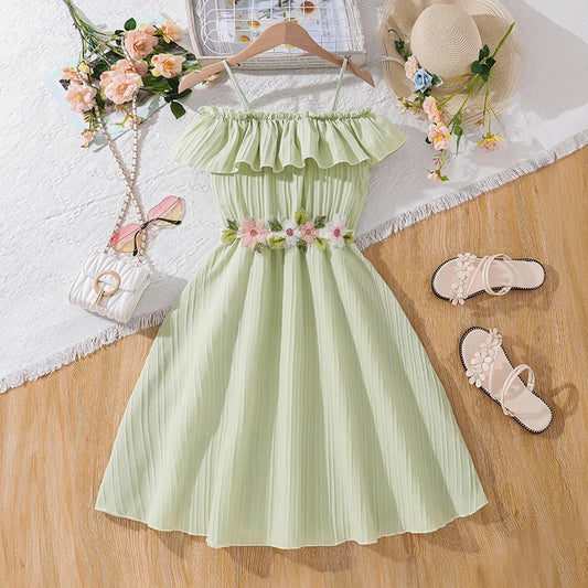 Vestido halter verde infantil, cinto amovível, estilo adorável, festa de aniversário, roupa diária para meninas de verão, 8 a 12 anos