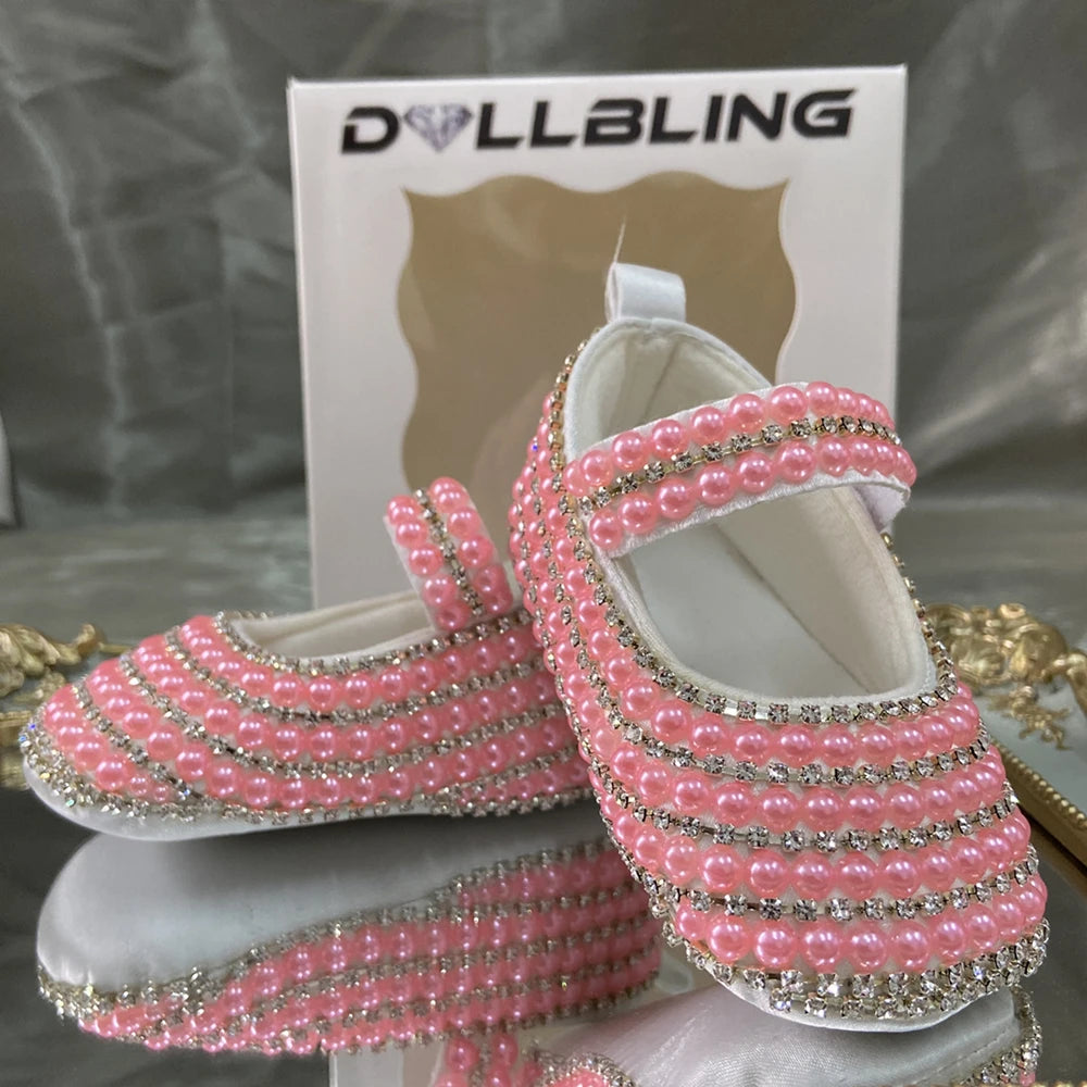 Dollbling Handmade Pérolas Brancas Berço Sapatos, Bling Rhinestone, Roupa de batismo, Wedding Sparkle, Organza, Batismo, 0-3m