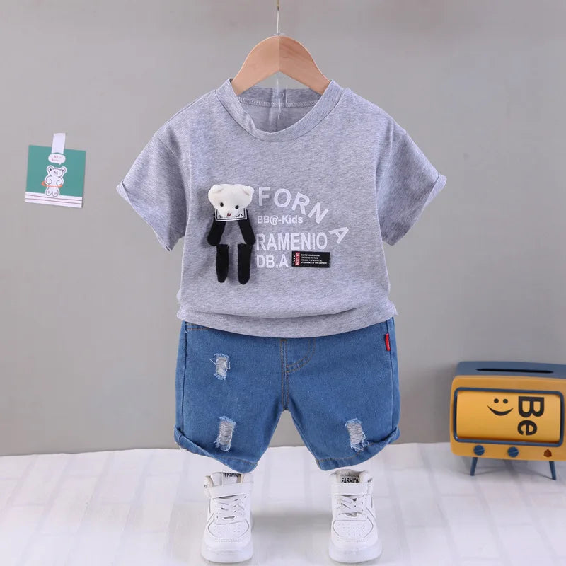 2023 bebê menino roupas de verão para crianças dos desenhos animados o-pescoço pulôver manga curta camisetas topos e shorts jeans estilo coreano conjunto