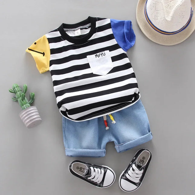 Conjuntos de t-shirt e shorts jeans de algodão infantil, roupas de bebê bonito, versão coreana, verão