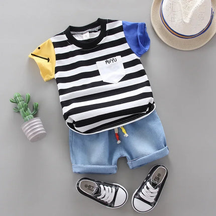 Conjuntos de t-shirt e shorts jeans de algodão infantil, roupas de bebê bonito, versão coreana, verão