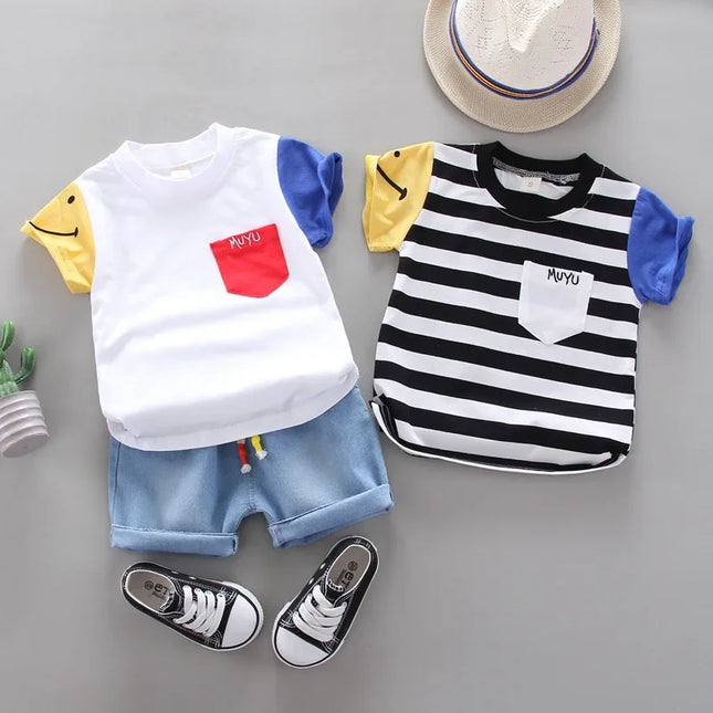 Conjuntos de t-shirt e shorts jeans de algodão infantil, roupas de bebê bonito, versão coreana, verão