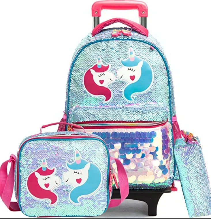 Mochila escolar com rodas para crianças, Rolling Bag with Wheels, Trolley Satchel para meninas