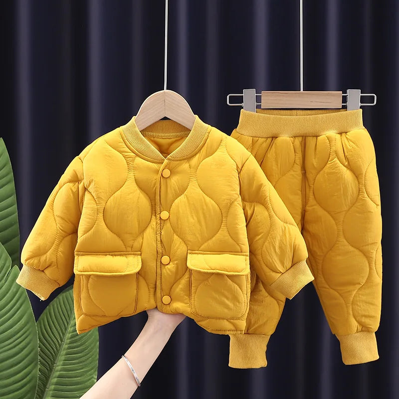 Conjunto de calças e jaqueta grossa infantil, clipe de algodão, top, roupas de menino, versão coreana, inverno