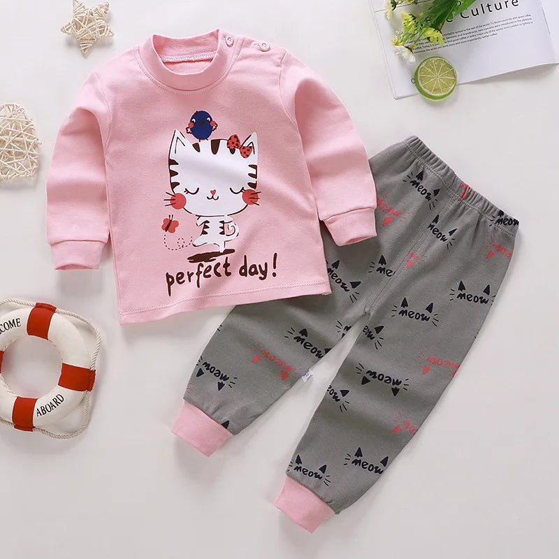 Unisex Cartoon Print Pijama Suit, tops e calças de manga comprida, pijamas casuais para crianças, meninos e meninas