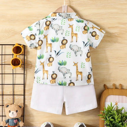 Baby Boy Casual Pequeno Animal Print Shorts de manga curta, Holiday Travel Shirt Set, confortável e respirável, verão, 2 pcs