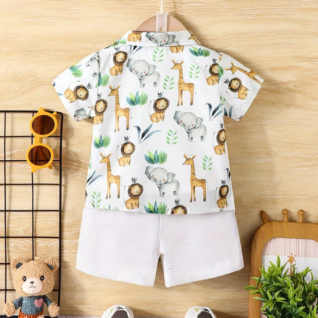 Baby Boy Casual Pequeno Animal Print Shorts de manga curta, Holiday Travel Shirt Set, confortável e respirável, verão, 2 pcs