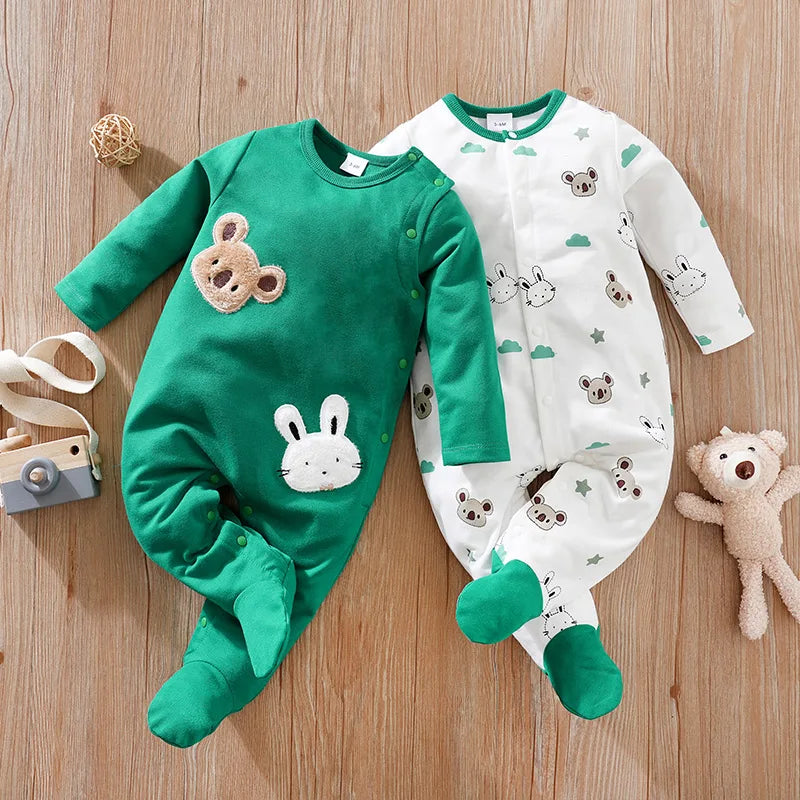 Bodysuit manga comprida para crianças, roupas de menino, coelhinho coala estampa, confortável onesie, como presente, 0-24m, 2pcs, primavera, outono