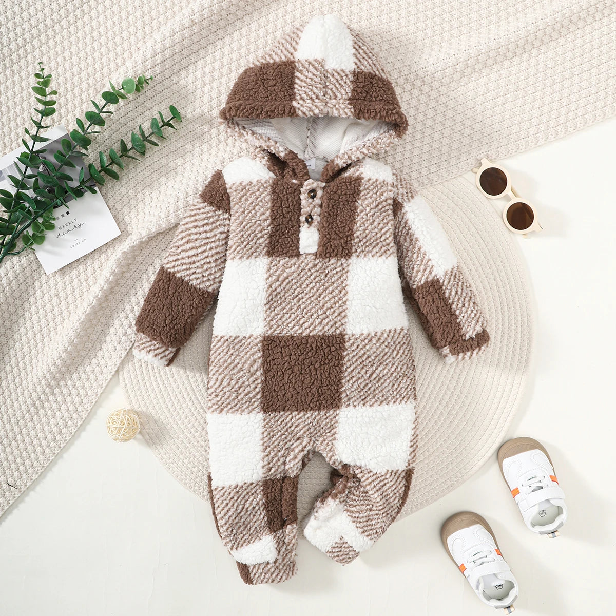 Bebê meninos e meninas xadrez macacão com capuz manga comprida macacão de pelúcia inverno quente bodysuit roupas para 3-24 meses criança menino