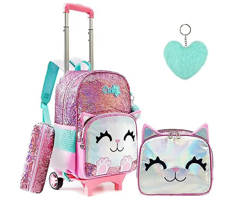 Mochila escolar com rodas para crianças, Rolling Bag with Wheels, Trolley Satchel para meninas