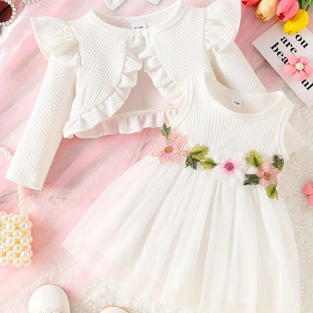 Verão da menina do bebê Cintura Flor Regata, Vestido de malha, Casaco Mesma Cor, Mesma Cor, Acessórios para Cabelo, Doce Conjunto