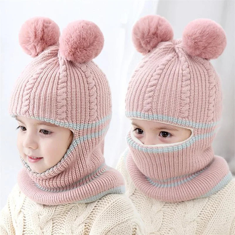 Chapéu de inverno para bebês, chapéu de malha com pompom para crianças, meninas e meninos, com forro de lã quente, chapéus para crianças