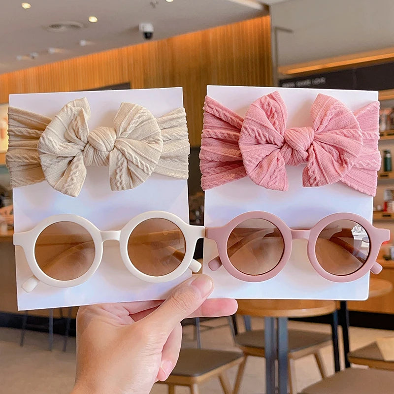 Wide Hairband Round Sunglasses para crianças, cor sólida, algodão bowknot, bebê meninas, acessórios para cabelo infantil, novo, 2 pcs por conjunto