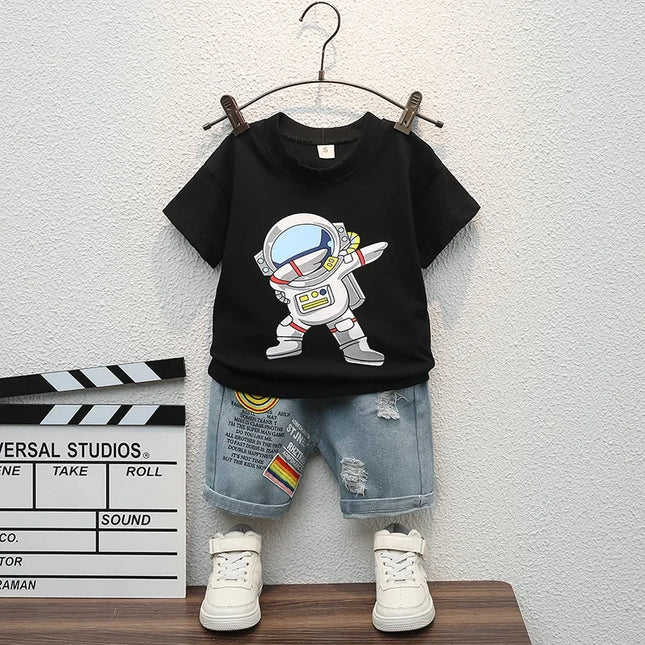 Desenhos animados de camiseta esportiva e shorts jeans rasgados para bebês, roupas infantis, roupas casuais, roupas de verão, novas