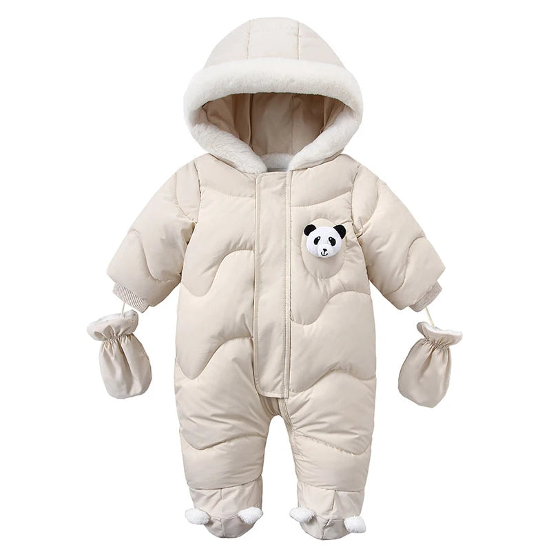 Macacão de bebê recém-nascido com capuz com luvas, macacão algodão mais veludo, roupas panda quentes, roupas infantis, menina e menino, 0-18m, inverno