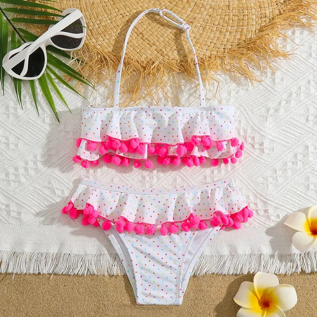 Menina Ruffle Pompom Bikini Set Swimsuit Crianças Halter Top Two Piece Crianças Swimwear Estrelas Imprimir 3-12 Anos Criança Maiô