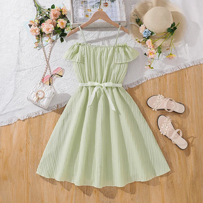 Vestido halter verde infantil, cinto amovível, estilo adorável, festa de aniversário, roupa diária para meninas de verão, 8 a 12 anos