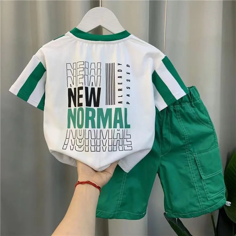 Camiseta e shorts listrados de manga curta infantil, conjunto de roupas de verão para meninos, terno esportivo infantil, novo, 1-8t, 2 peças