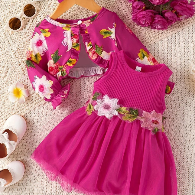 Vestido sem mangas emendado e casaco pequeno para menina, casaco de cintura, flor, novo estilo, primavera e outono