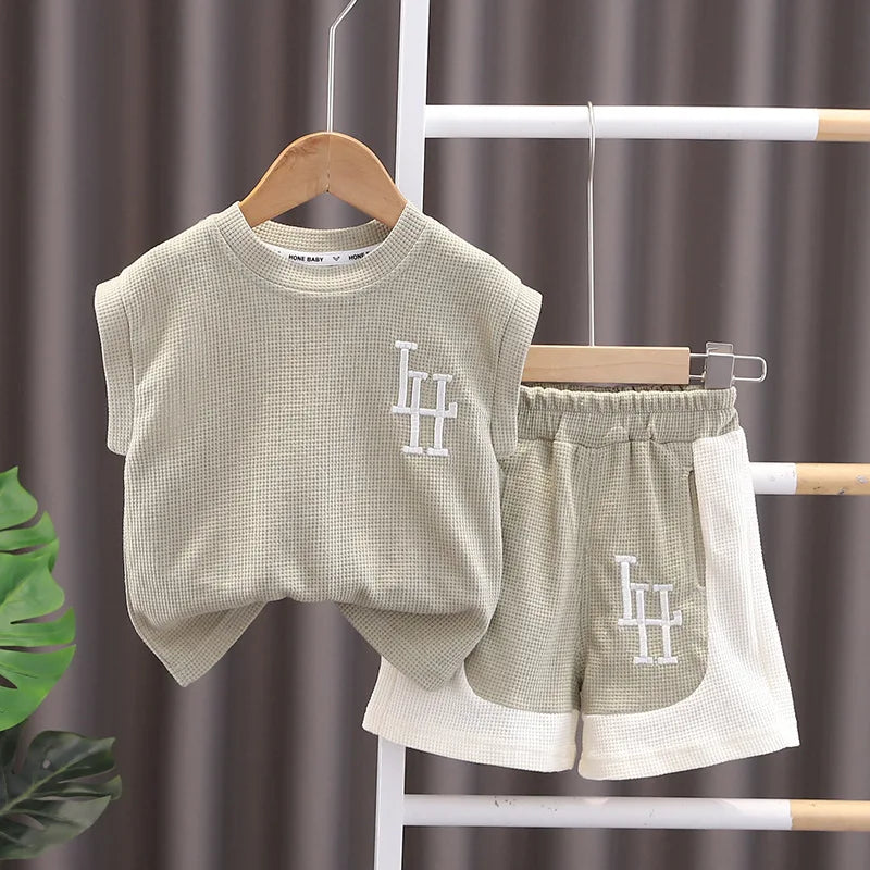 Conjunto infantil de colete e shorts sem mangas, roupas de bebê, roupas de criança infantil, roupas infantis, traje casual, verão, novo, 2 peças por conjunto