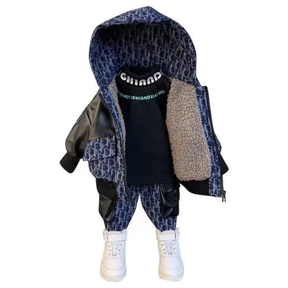 Conjunto de calças e casacos de pelúcia infantil, roupas de menino, roupa de bebê, grosso, outono, inverno, novo, conjunto 2 peças